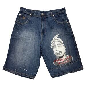 Vintage Y2K Makaveli Shorts 38 2Pac Tupac Denim Jorts Baggy Hip Hop Streetwear